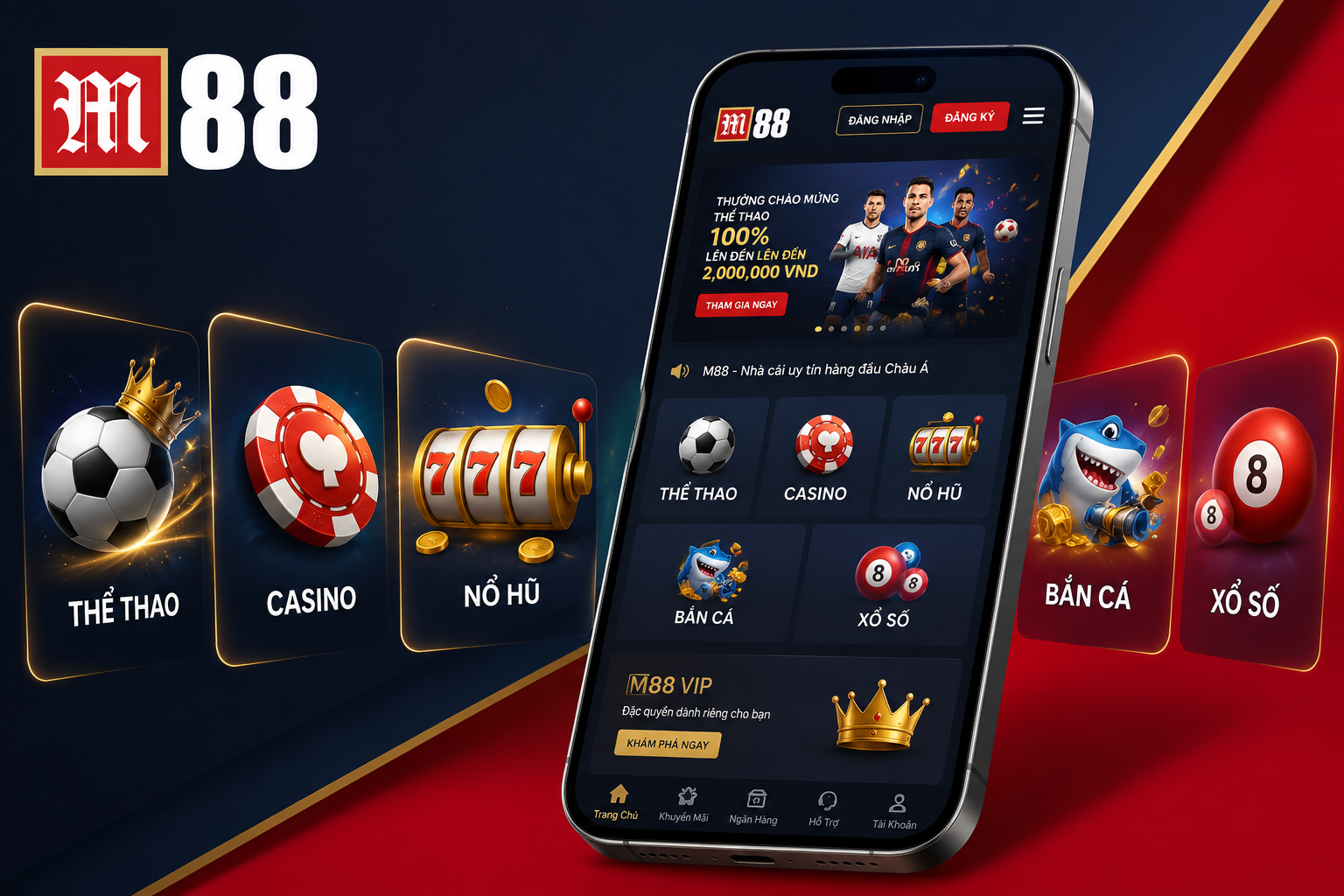 Giao diện trang chủ M88 hiển thị các sảnh thể thao, casino, nổ hũ, bắn cá và xổ số trên điện thoại