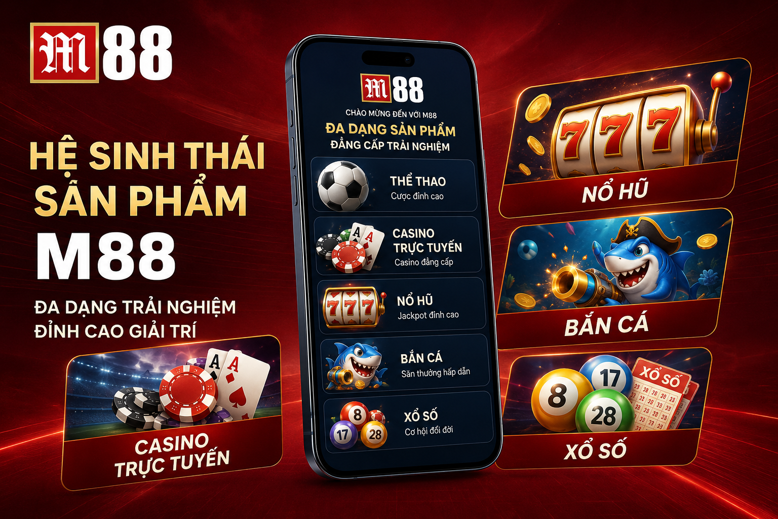 Hệ thống sản phẩm tại M88 gồm thể thao, casino trực tuyến, nổ hũ, bắn cá và xổ số