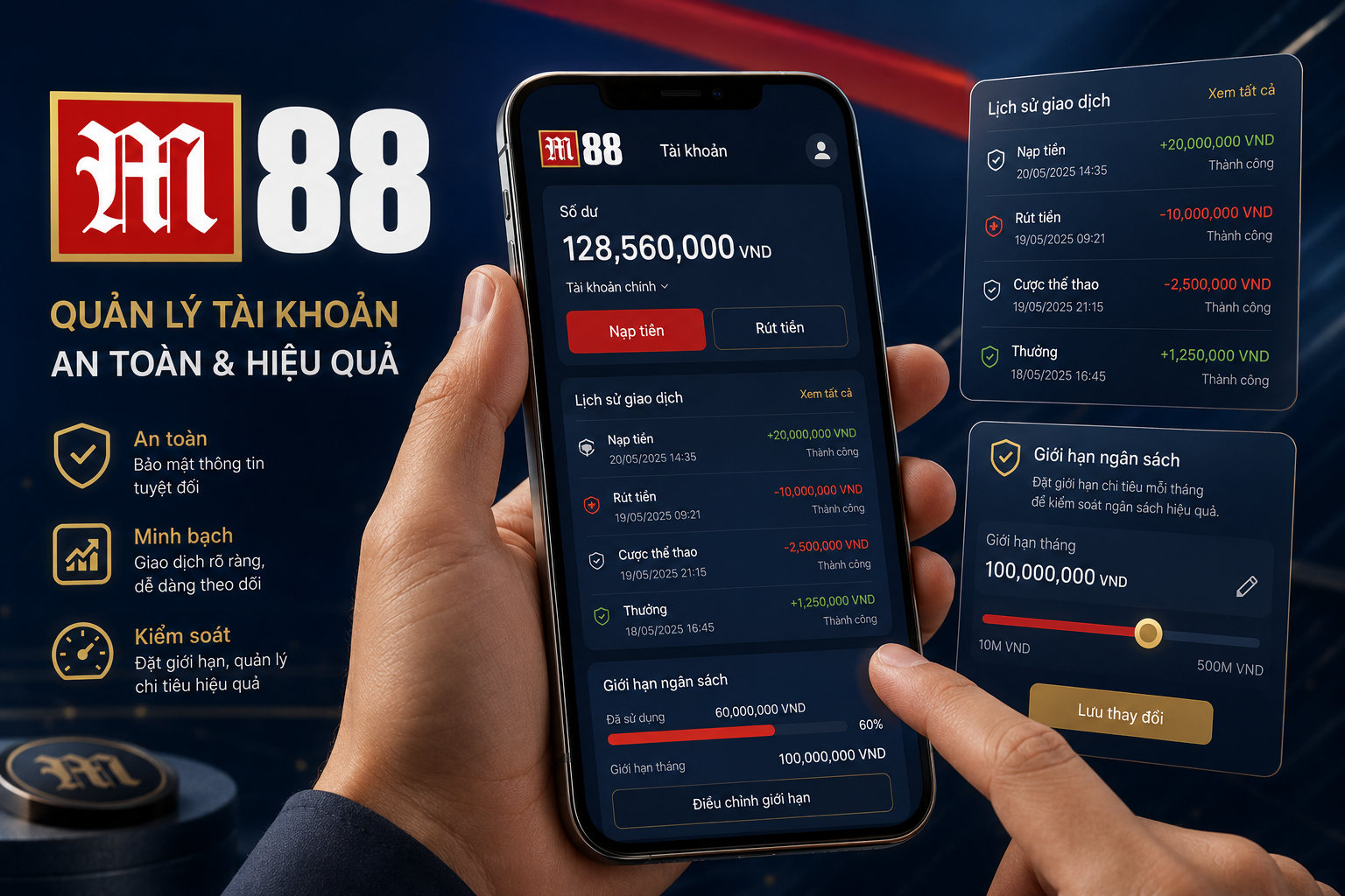 Người chơi truy cập M88 trên điện thoại, kiểm tra tài khoản, lịch sử giao dịch và thiết lập giới hạn ngân sách